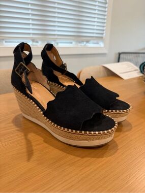 Crown Vintage Black Suede Scalloped Espadrille Wedge Sandals